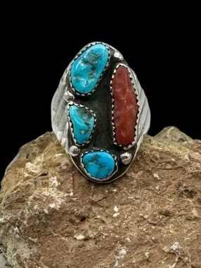 Native American Sterling Silver Turquoise Coral Multi Stone Mens Ring 8.5
